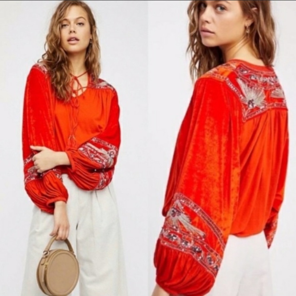 Free People Bright Red Embroidered Boho Peasant Top